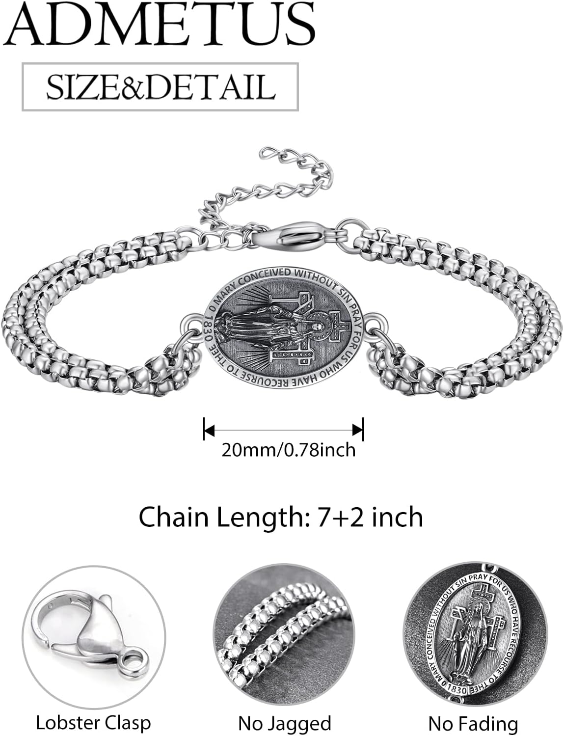 ADMETUS 925 Sterling Silver Patron Saint Bracelets | Amulet Protection Jewelry for Men with Double 7"+2" Rolo Chain - Image 2