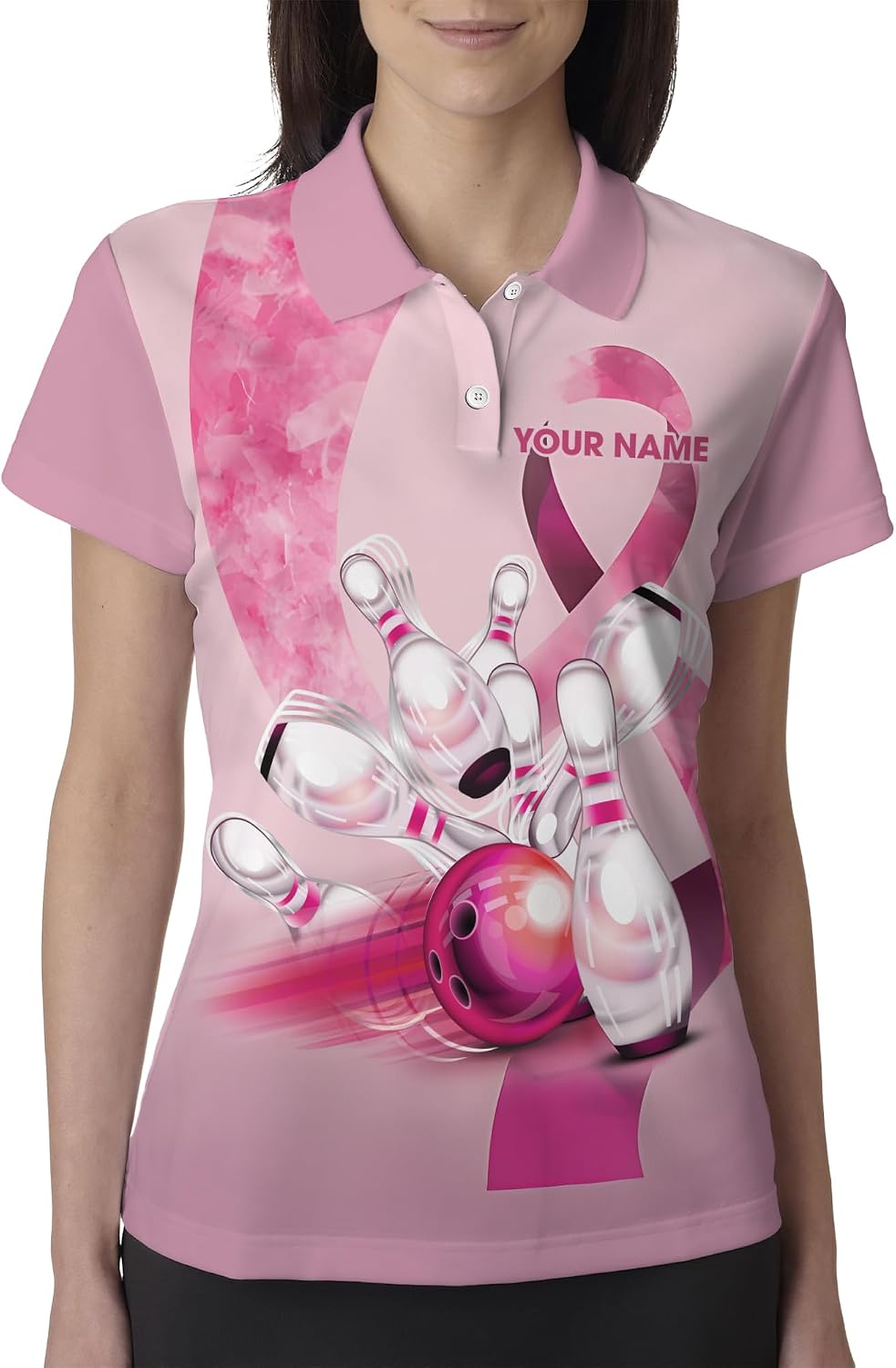 Personalized Bowling Polo Shirt 3D Tennis Shirt with Pink Bowling Strike Themed Graphic On it for Women Ladies