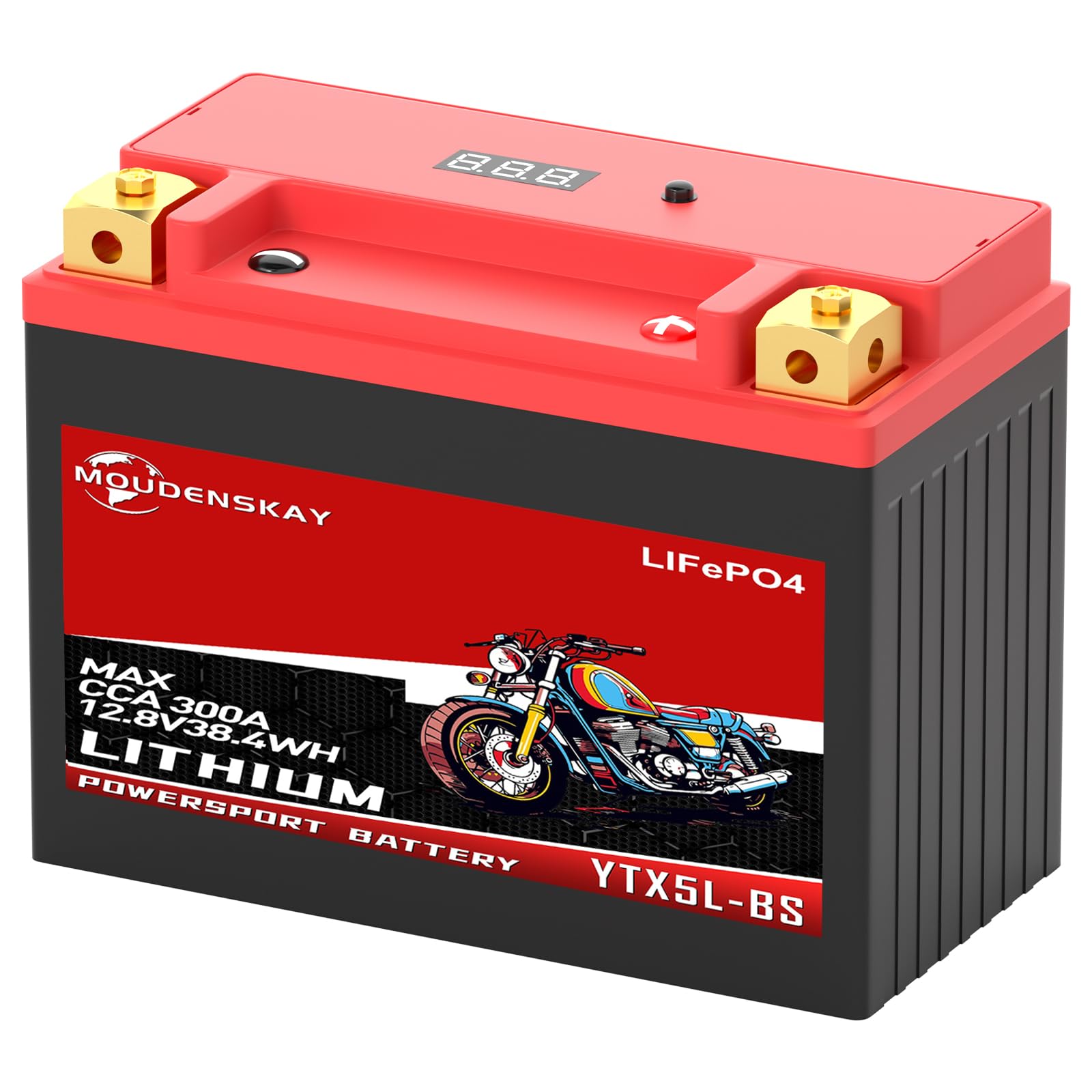 Akumulator litowy do motocykla, 12 V, akumulator litowy Powersports z BMS i wyświetlaczem 12,8 V, 3 Ah, 230 ~ 250 CCA 38,4 WH YTX5L-BS LiFePO4, akumulator rozruchowy do motocykli, ATV, UTV