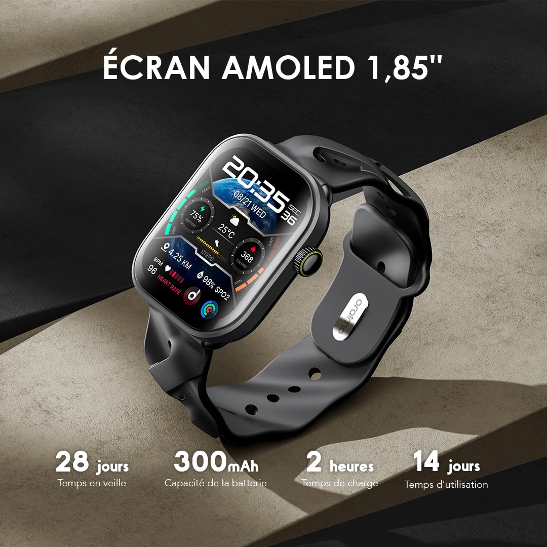 Oraimo Montre Connectée Écran AMOLED 60Hz 1,85" Appel Bluetooth HD Smartwatch Homme Femme Sport 143 Modes Étanche IP68 Autonomie 14 Jours Cardio SpO2 Podomètre Notifications SMS Message Android iOS