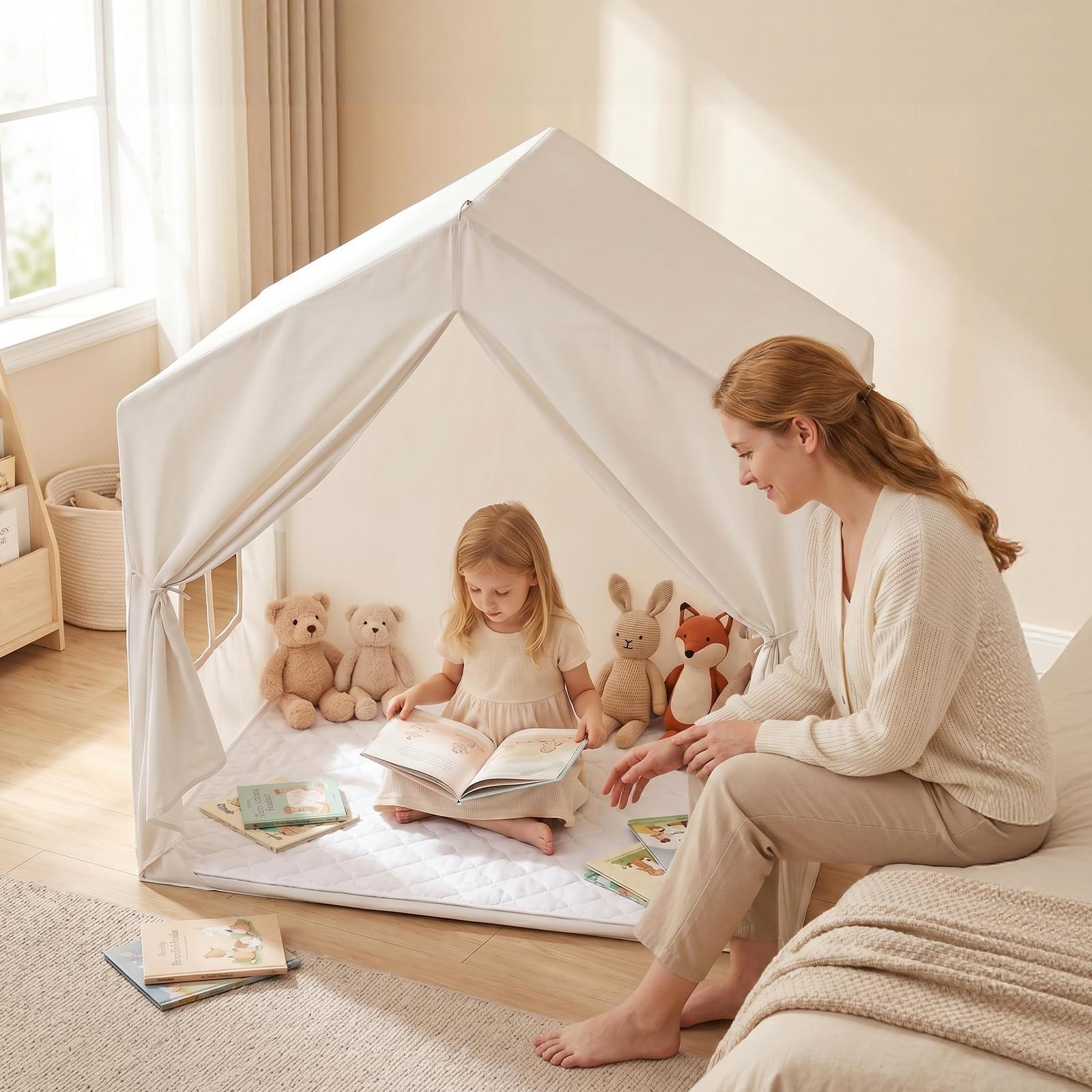 Kinderzelt für Spielzelt Kinder Indoor: Zelt Kinder Kinderzimmer - Spielzelte Kinderspielhaus mit Matte und Fenster - Prinzessin Zelt für KindGeschenk für Mädchen und Jungen(Cremeweiß)