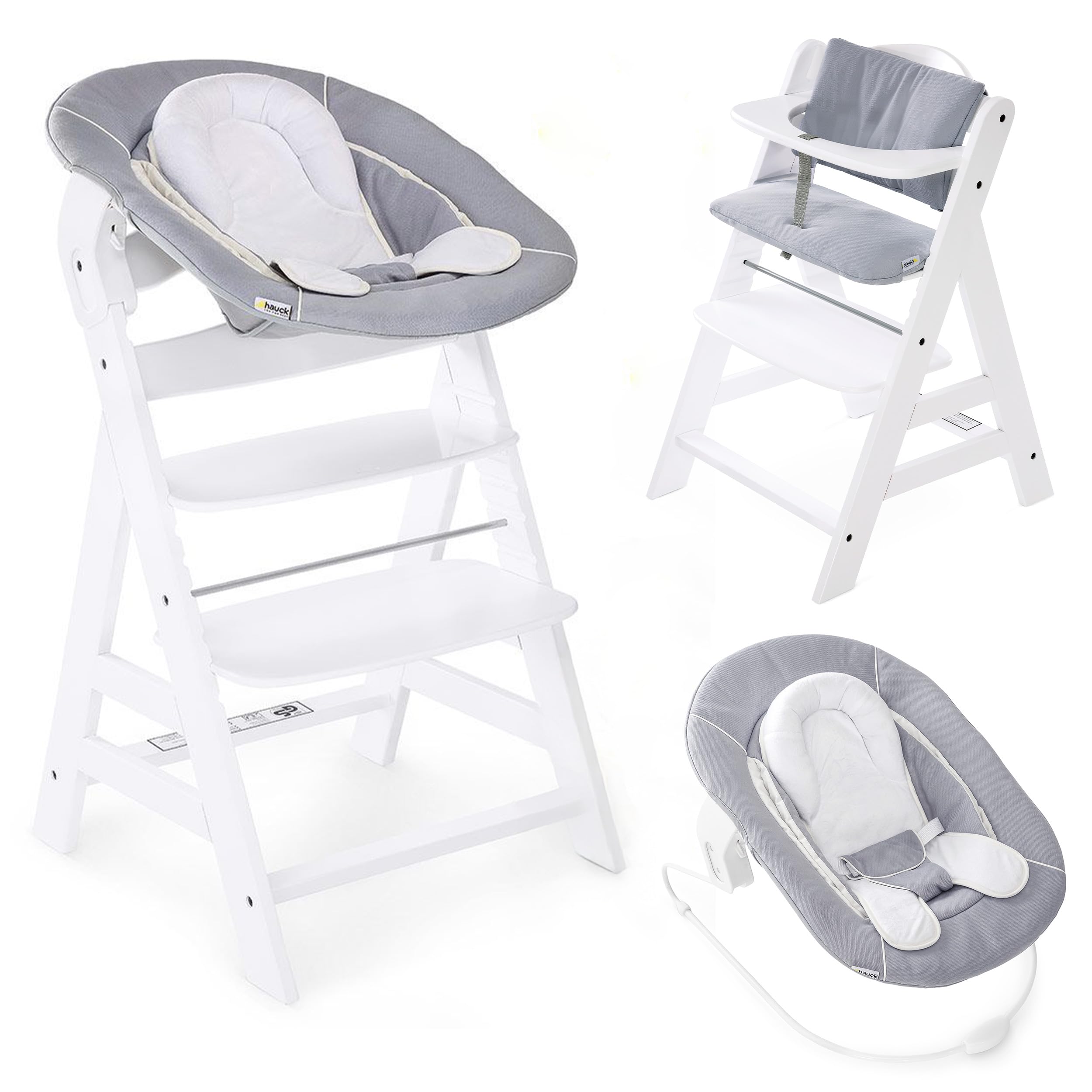 hauck Trona Evolutiva Madera Alpha+ Newborn Set con 2in1 Bouncer - Blanco | Trona de Madera con Hamaca Bebé Apta desde el Nacimiento y Cojín de 2 Piezas