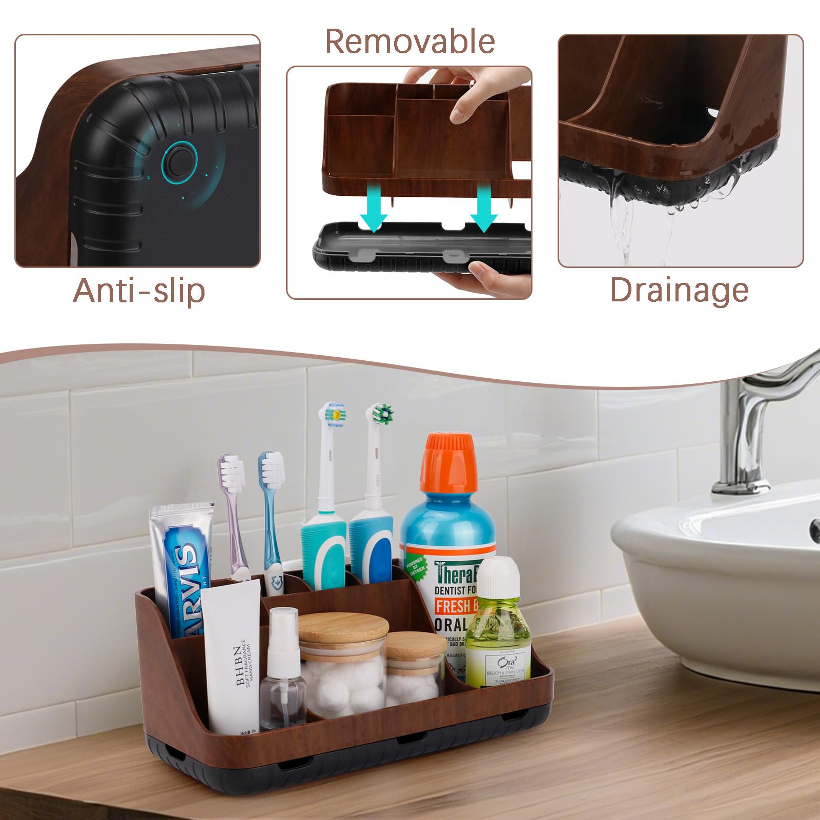 PARKMANI Toothbrush Holder for Bathroom Electric Toothbrush Holder With Drainage for Family 7 Slots Toothbrush and Toothpaste Holders for Bathroom Organizer Storage (Brown Wood Grain) - Image 3