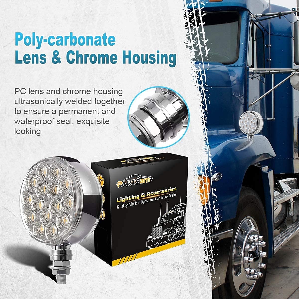 Partsam Truck Pedestal Lights Kit Clear Lens, 2Pcs 3" Round Double Face Led Turn Signal Lights 30LED+2Pcs Square Double Face Led Lights 39LED Double Post