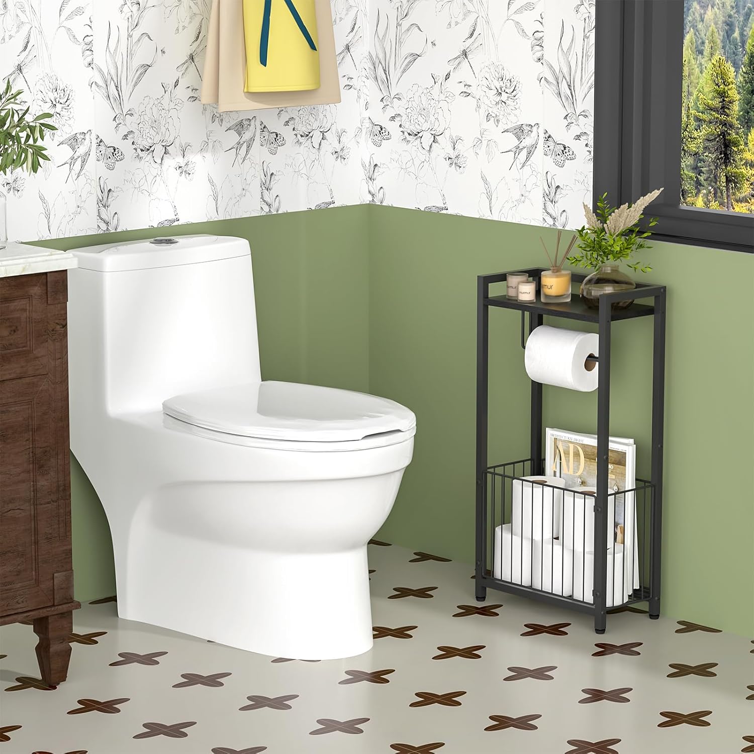 Toilet Paper Holder with Storage Shelf - Freestanding Roll Dispenser for Bathroom, Features Space for Phone, Tablet, and Magazines, Bathroom Organizer for Tissues and More