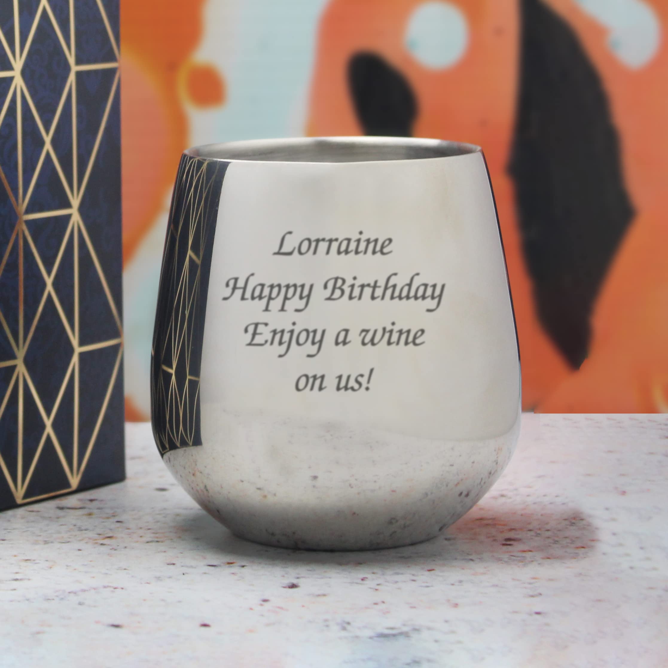 Vaso de vino plateado de metal grabado personalizable, personalizable con cualquier mensaje para cualquier ocasión, estiliza con una variedad de fuentes, caja de regalo incluida, grabado con láser