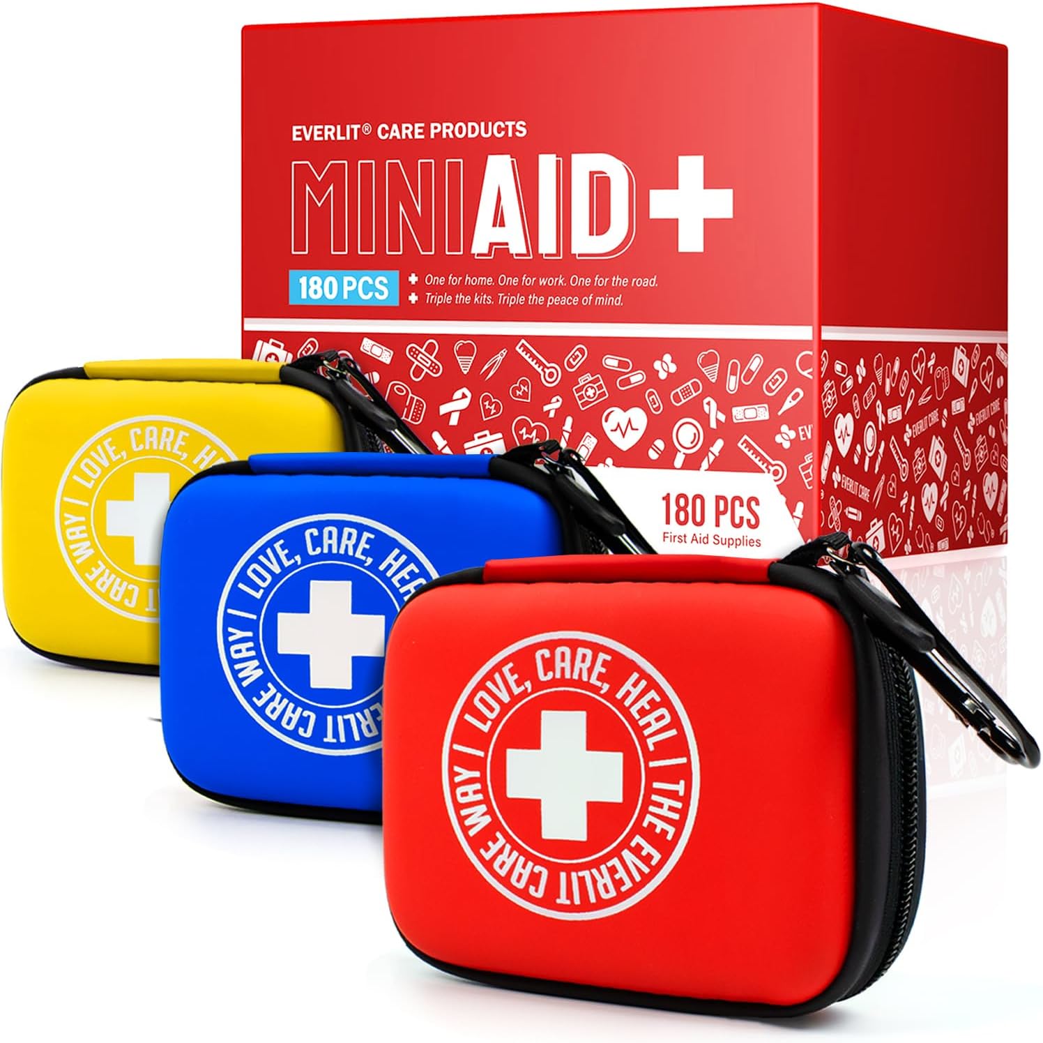 MiniAid First Aid Kit | Compact & Lightweight Case with Carabiners for Travel | Family & Kid Friendly 180 Pcs Wound Care Supplies for School, Work, Outdoor, Home & Office | Pack of 3 MiniAid First Aid Kit | Compact & Lightweight Case with Carabiners for Travel | Family & Kid Friendly 180 Pcs Wound Care Supplies for School, Work, Outdoor, Home & Office | Pack of 3