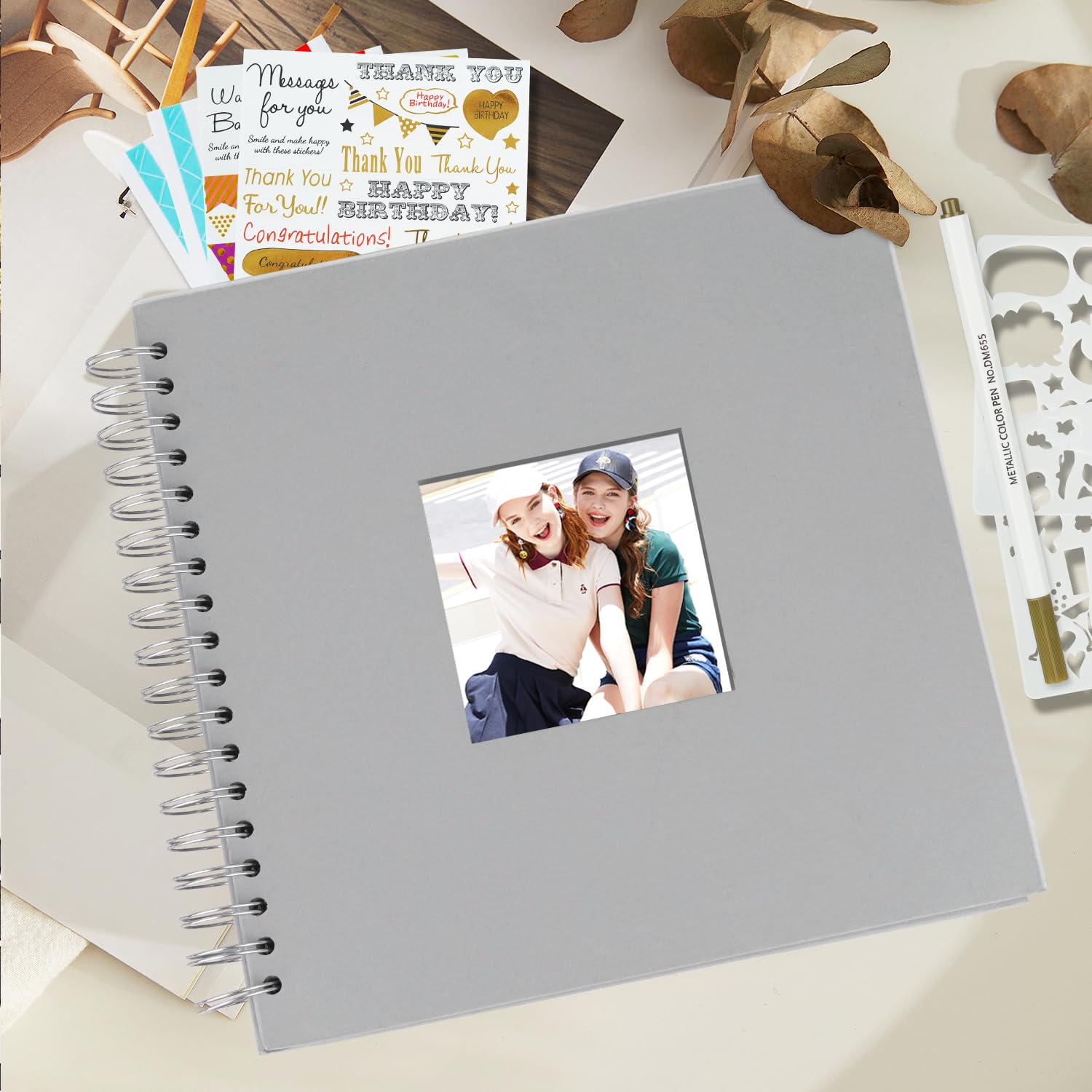 Miaikoe 20.5x20.5 cm DIY Scrapbook Album with Window Hardcover Kraft Blank Paper Scrap Book with 20 Sheets Photo Album for Guest Book Family Wedding Anniversary (Grey) - Image 2