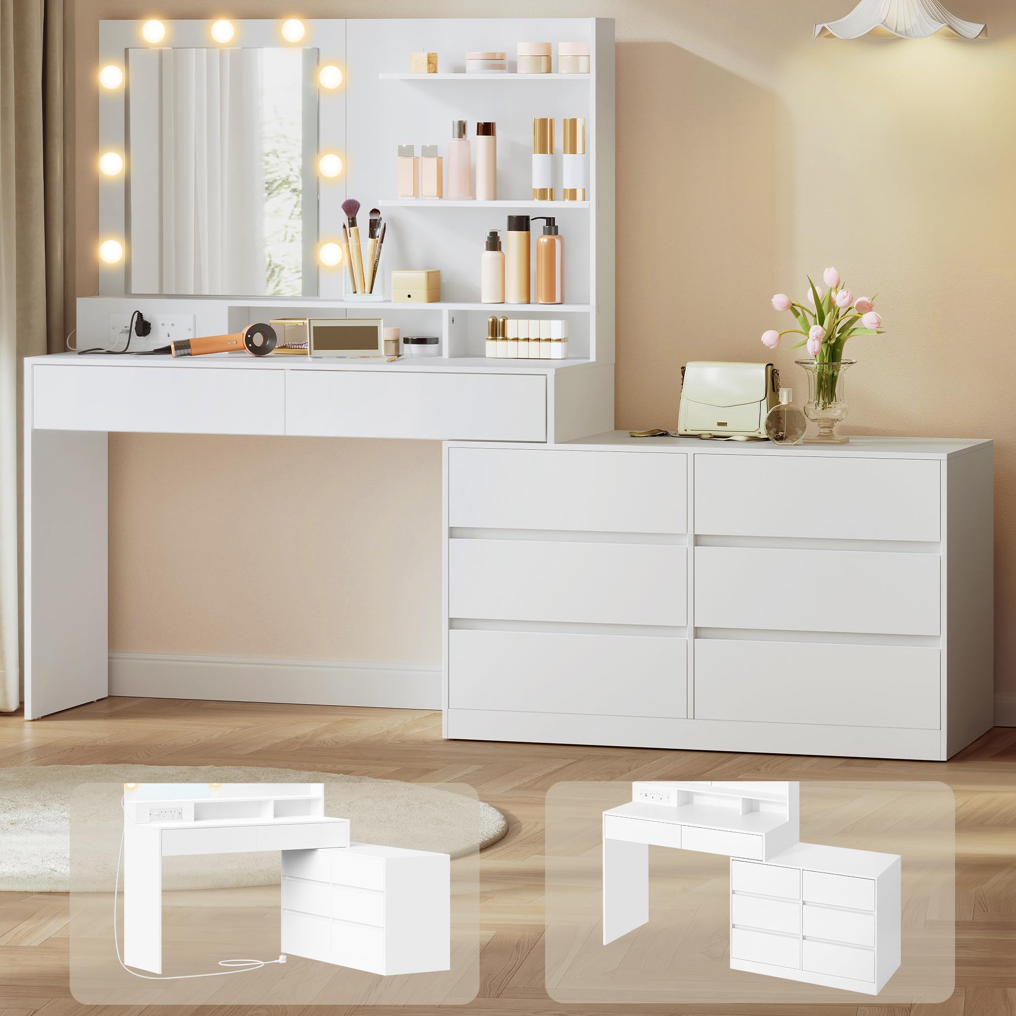 VASAGLE Dressing Table with LED Lighted Mirror and Power Outlets, 8 Drawers