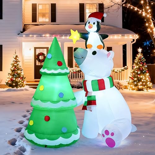 Joiedomi - Oso polar inflable de Navidad de 6 pies, oso polar con pingüino y árbol de Navidad inflable con LED integrados que explotan para fiesta