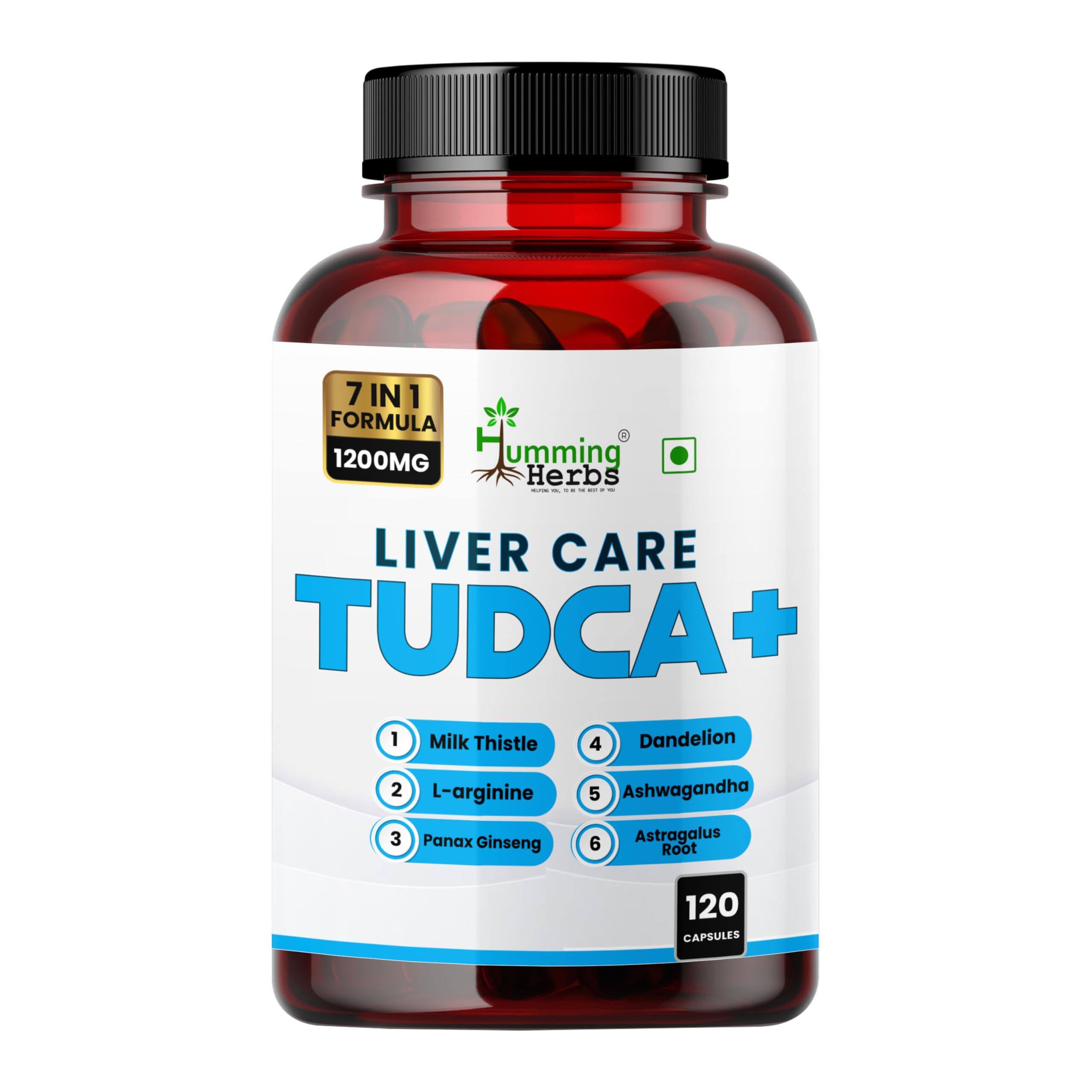 Humming Herbs TUDCA Supplement 7in1 Complex with Milk Thistle, L-Arginine, Ashwagandha, Dandelion, Astragalus Root 120 Capsules 120 Count (Pack of 1)