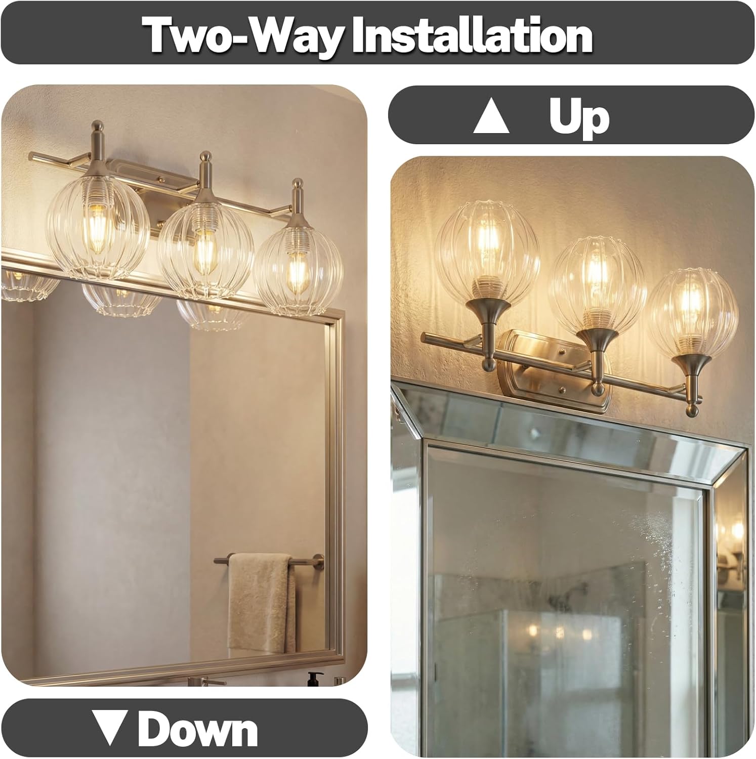 OSYNNIQ 3 Light Bathroom Vanity Lights Over Mirror, Modern Lighting Fixture with Clear Glass Globe Shade Brushed Nickel Wall Sconce IP44 for Makeup Shaving Bedroom Living Room(Bulb Not Included)