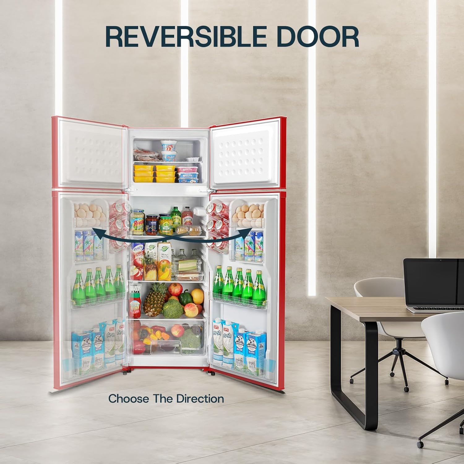 Upstreman 7.7 Cu Ft Refrigerator with Freezer, Double Door Fridge with Adjustable Thermostat Reversible Door, Large Capacity Refrigerator for Apartment, Dorm, Office, Kitchen, Red (BD-75)