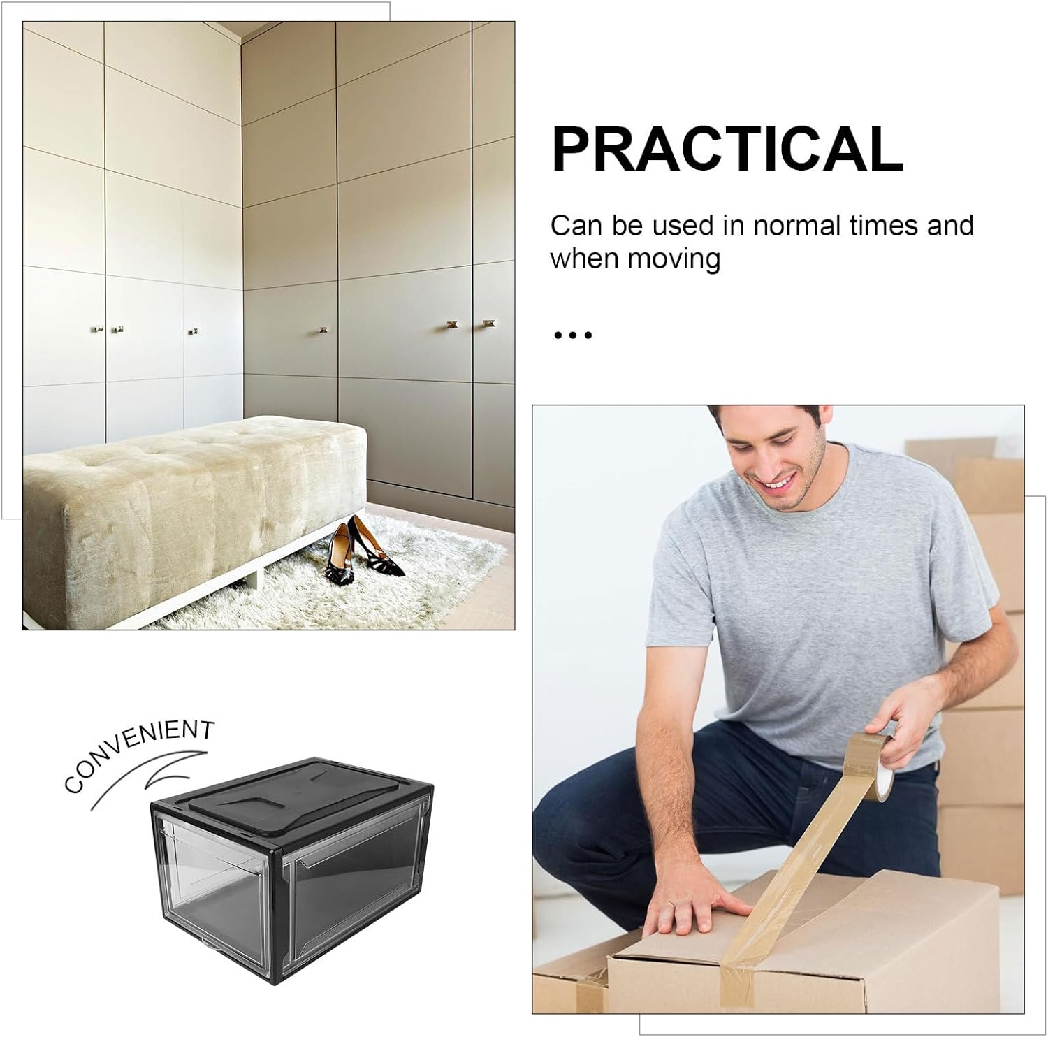 Happyyami Large Sneaker Storage Box with Clamshell Lid, Stackable Shoe Organizer Case for Men and Women, Black Snap Closure Display Shoe Cabinet for Home Closet