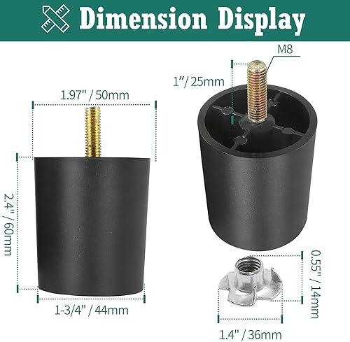 Miniatura 4 de Masendelk Patas de plástico para muebles de 2.4 pulgadas, patas redondas cónicas para mesa, patas de sofá negras, patas de repuesto con pernos de