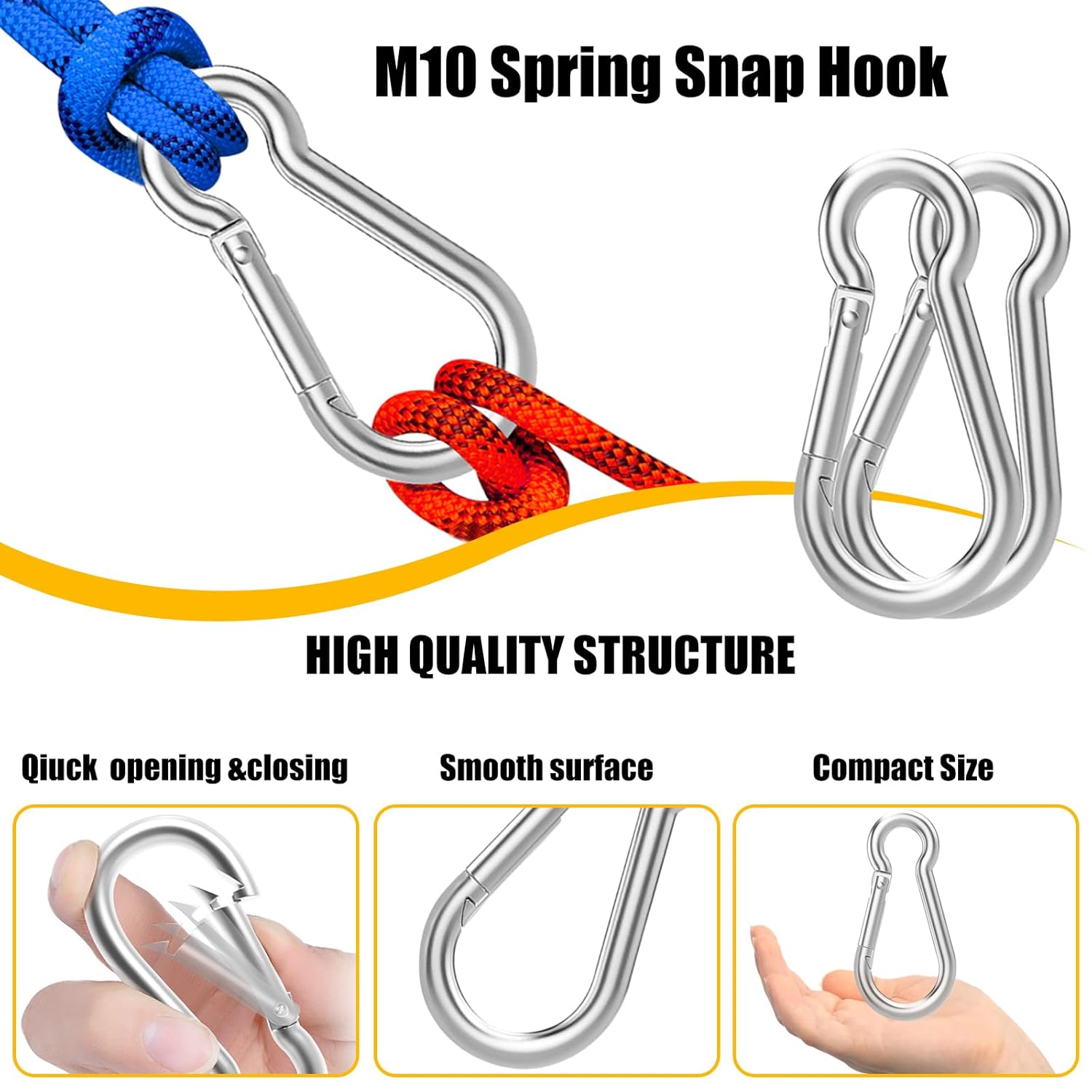 30PCS 4" Heavy Duty Spring Snap Hook, M10 3/8" Galvanized Steel Carabiner Clip Qiuck Link Spring Snap Hook, 770LBS Holding Capacity Keychain Buckle for Swing Hammock Gym Outdoor - Image 3