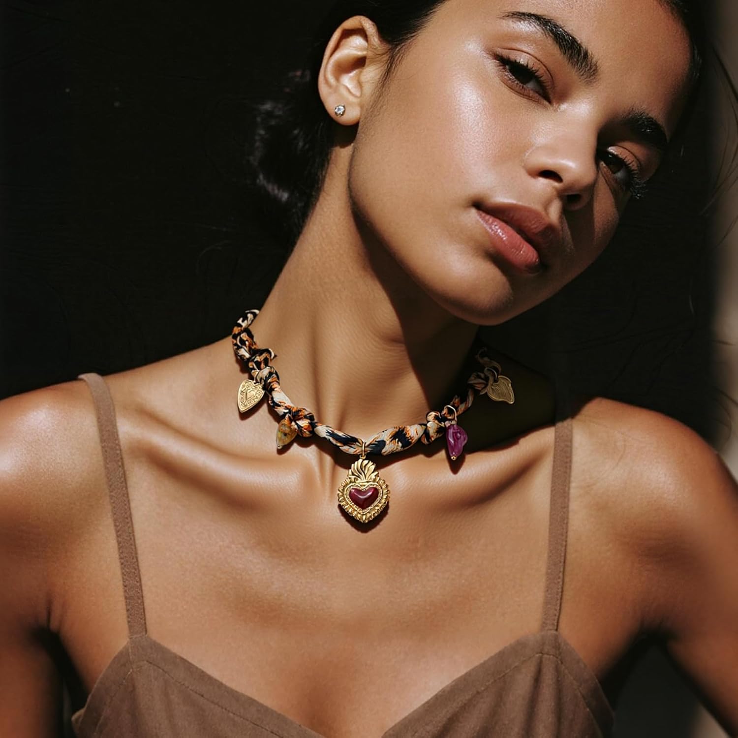 Scarf Bandana Necklace for Women, Gold Charms With Heart Pendant Vintage Lightweight Leopard Choker Boho Natural Stone Fashion Accessories Fall Jewelry Gift - Image 3