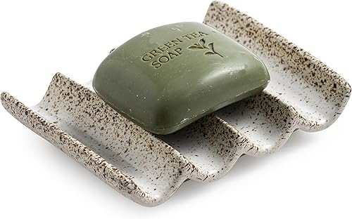 Miniatura 16 de Jabonera de cerámica drenante, diseño estriado, soporte para jabón de barra para ducha y baño, elevación de esponja ahorradora de jabón, color verde