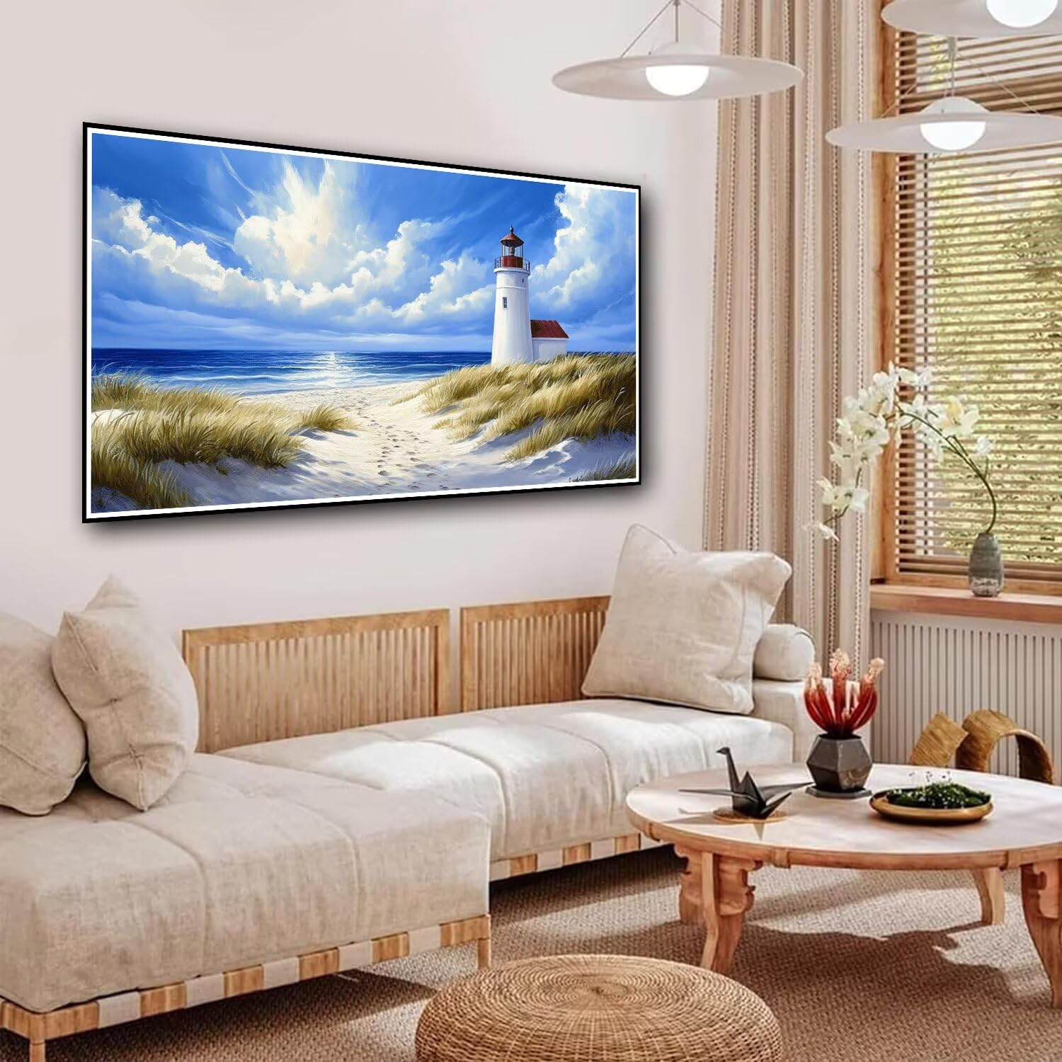 Peinture Numero Enfant Plage Peinture par Numero Adulte Phare Paint by Numbers Kits Facile Toile Huile Painting à la Main avec Pinceaux Artisanat pour la Maison Décoration 70x140cm Sans Cadre-KL819