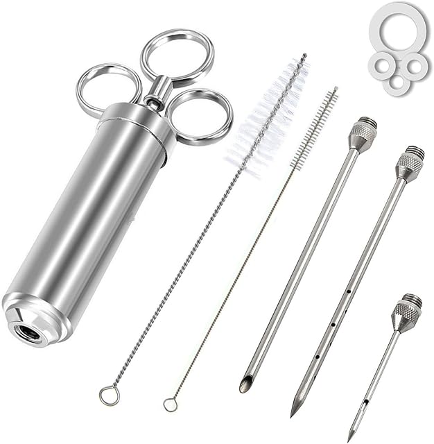 Kaycrown 2-Ounce 304 Stainless Steel Seasoning Injector with 3 Professional Marinade Needles BBQ Meat Flavor Injector Kithen Cooking Sauce Marinade Syringe Accessories with Cleaning Brush