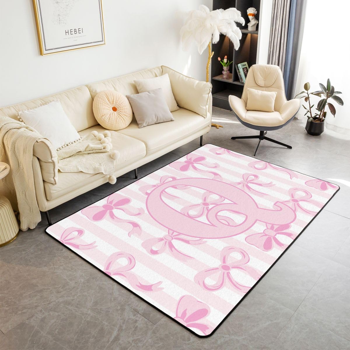 Schleife Teppich 100x150cm Rosa Und Weiß Schleife Outdoor Teppich Wohnzimmerteppich Kawaii wetterfest Personalisiert Anfangsbuchstabe für Terrasse Balkon Küche