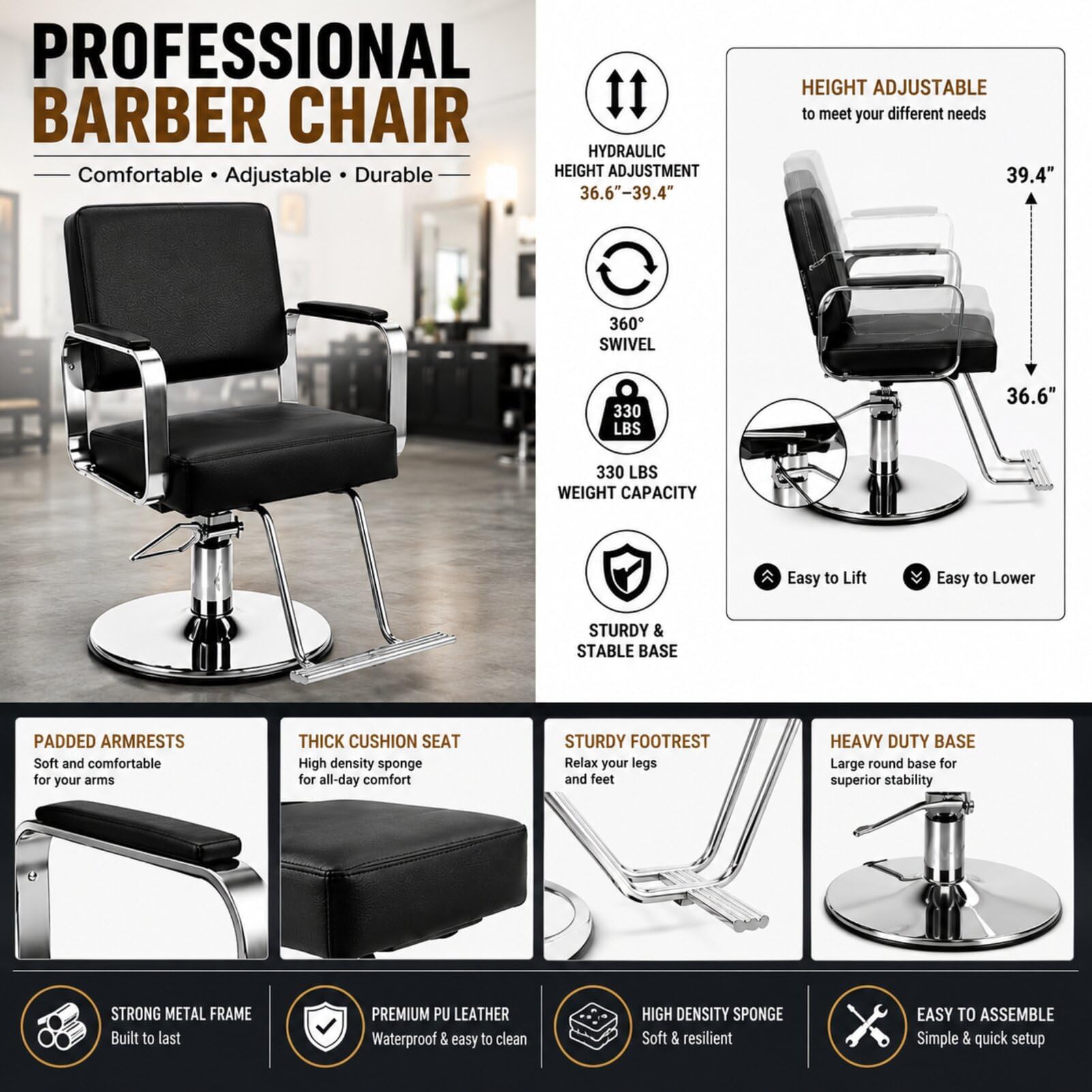 Salon-Friseurstuhl,höhenverstellbarer hydraulischer Salonstuhl mit Kopfstütze und Fußstütze,360° drehbarer Friseurstuhl,drehbarer Rasier-Styling-Stuhl für Friseur,Beauty,Spa,Tattoo (Schwarz)