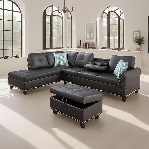 Sofá de gran tamaño, sofá modular de cuero en forma de L con un platillo, diván y otomano de almacenamiento para juegos de muebles de oficina y sala