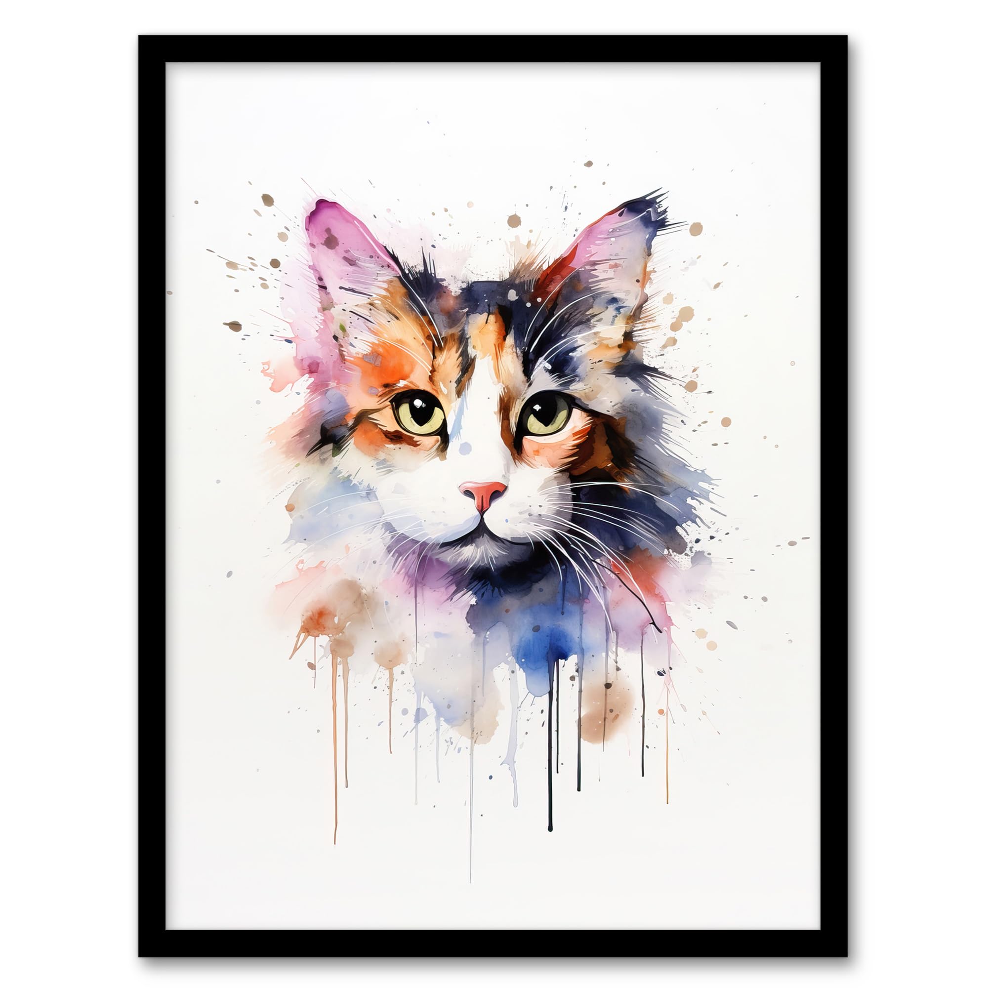 Artery8 Calico Cat Lovers Gift Watercolour Pet Portrait Painting Artwork Artwork Framed Wall Art Print A4