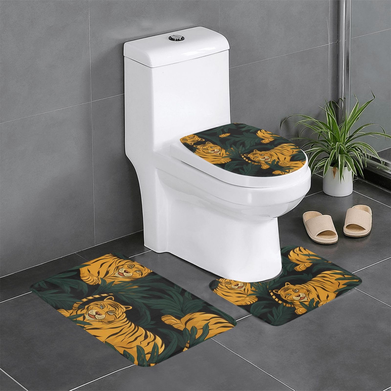 Tapis de salle de bain lavable motif tigre ensemble 3 pièces WC