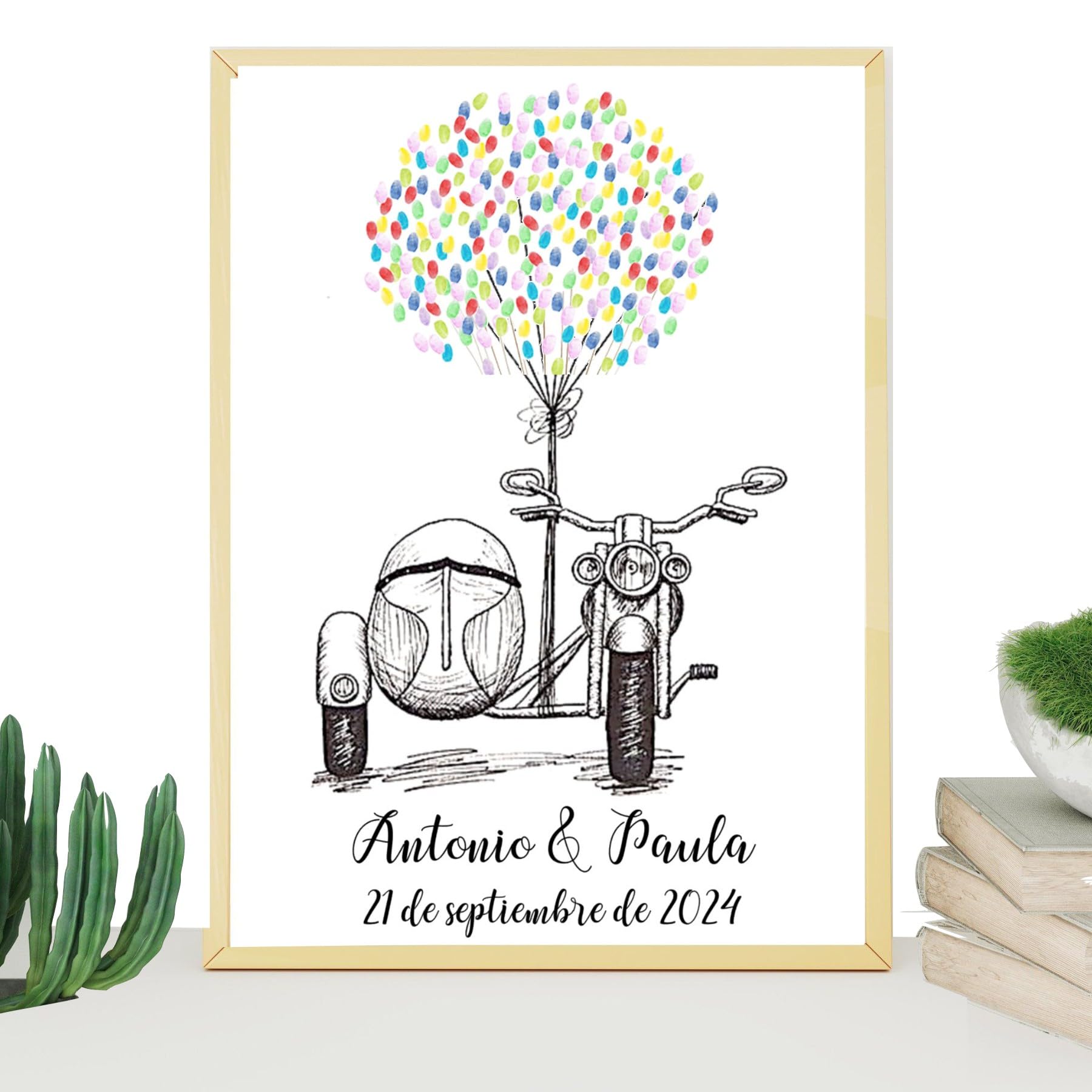 Libro Firmas Boda, Cuadro de Huellas Personalizado, Regalo Original para Novios, Incluye Marco de Madera 3 Colores, Tintas e Intrucciones. (Huellas Sidecar, 50 X 60 CM)