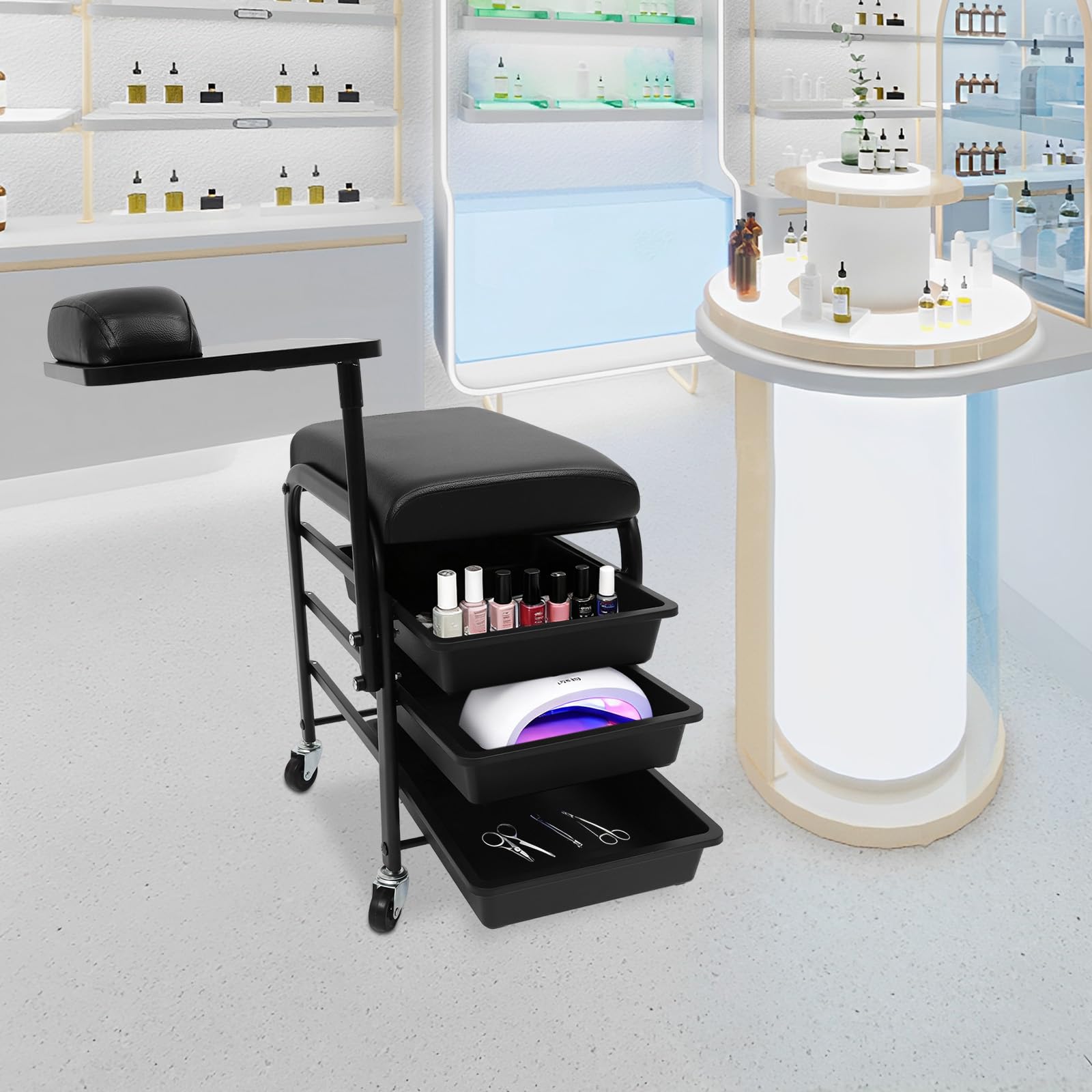 Carrello per salone di bellezza, con 3 cassetti e vassoio girevole a 360°, con ruote, per poggiapiedi, pedicure, manicure, fino a 75 kg