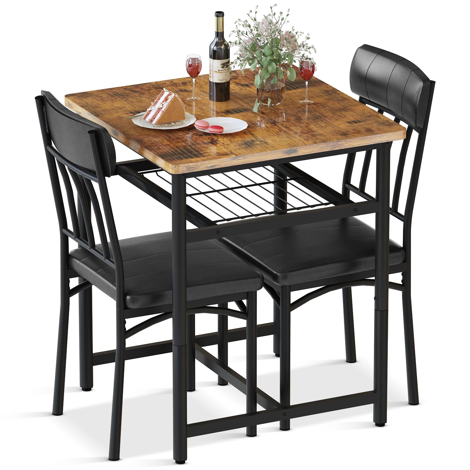 AWQMSquare Dining Table Set for 2, Industrial Compact Bistro Table with Upholstered Chairs, Space Saving Kitchen Breakfast Nook, Built-in Storage Rack 3-Piece Modern Dining Set for Kitchen & Dining