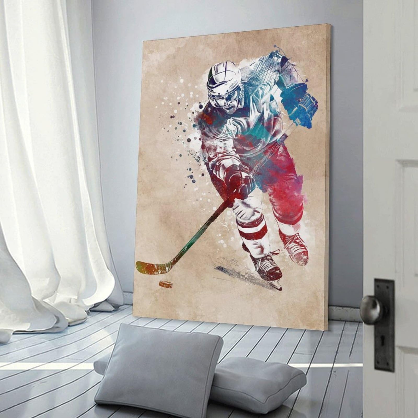 Junmoney Hockey Player Sport Art Canvas Wall Art, 12x18inch(30x45cm), for Bedroom, Guest Room Or Reading Nook, Decorative Wall Art for Cosy Rooms