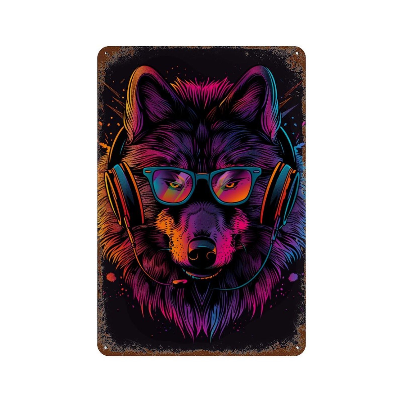 Wolf Headphones Glasses Art Print Distressed Metal Wall Sign 11.8"x7.9", Rustic Home Decor for Living Room, Hallway And Home Decor