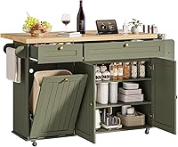 ONBRILL 60" Mobile Kitchen Island Cart with Drop Leaf, Power Outlet, Spice Rack, Towel Rack, Knife Holder & Trash Cabinet