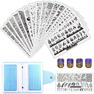 FingerAngel 21Pcs Nail Stamp Plate Set 16Pcs Mix Design Stamping nail Art Plate + 2Nail Stamper + 2Scraper+1Pcs Case Nails Art Stamping Plate Scraper Stamper Set Leaves Flowers Nail plate V17-32