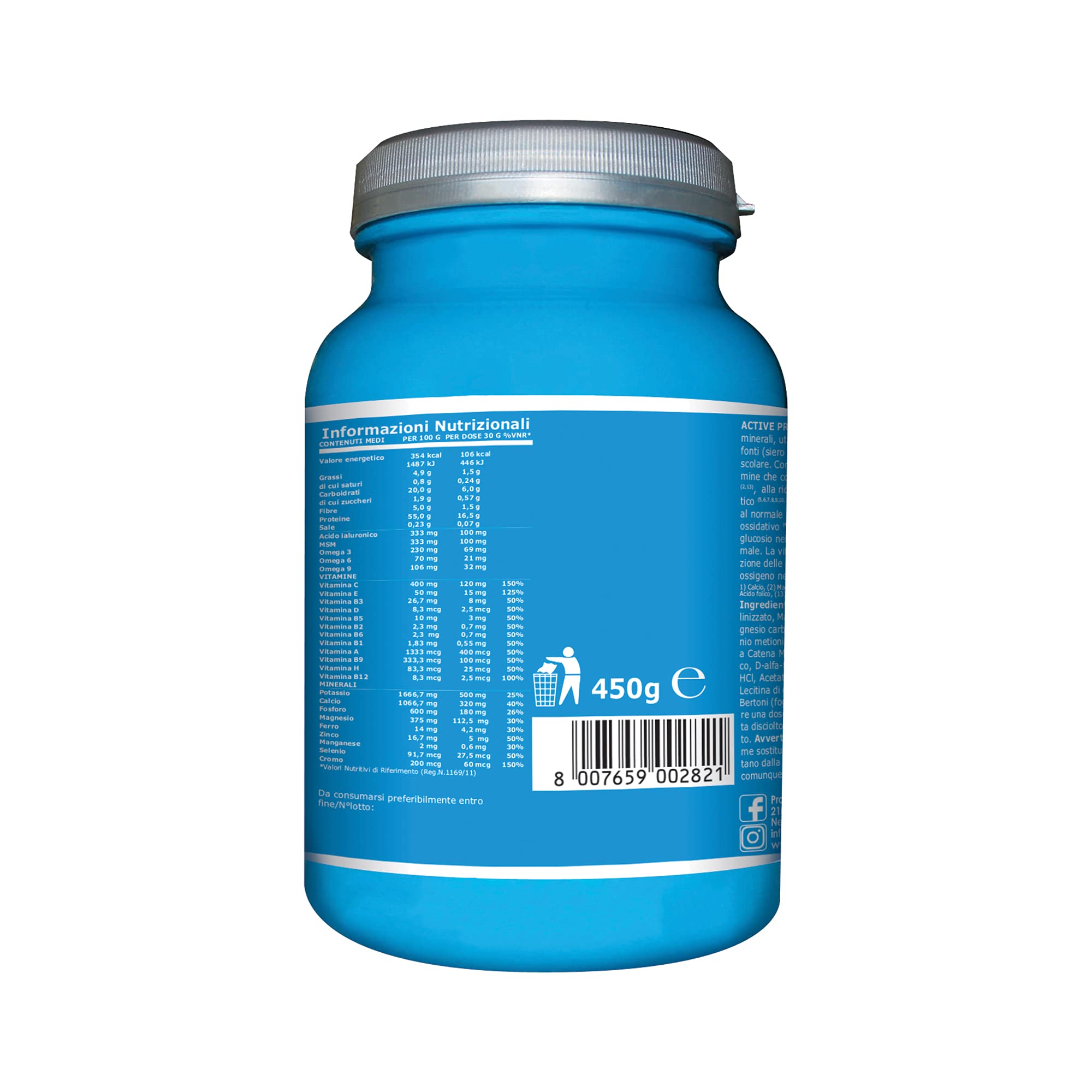 Ultimate Italia - Active Protein - 450g - gusto cacao - integratore per over 50 - con proteine, acido ialuronico, vitamine e minerali, senza glutine e lattosio