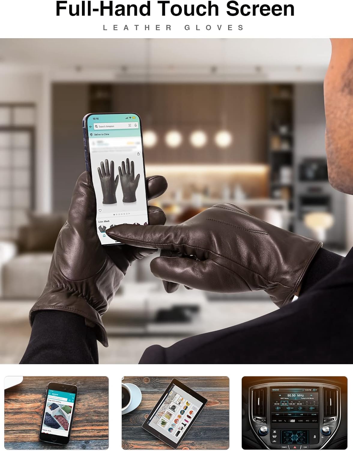 Vislivin Leather Winter Gloves for Men Touchscreen Cold Weather Gloves Leather Driving Glove - Image 3