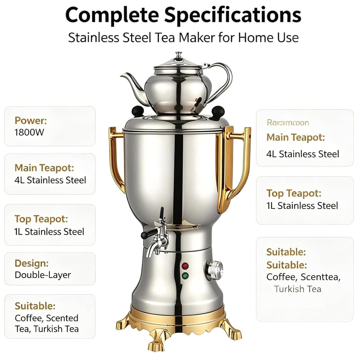 Samovar Elettrico Turco Da 1800 W Con Riscaldamento Rapido E Funzione Samovar, Completo Di Bollitore Da 4 Litri E Teiera Da 1 Litro, Set Da Tè In Acciaio Inox Con Sistema Anti-ebollizione A Secco