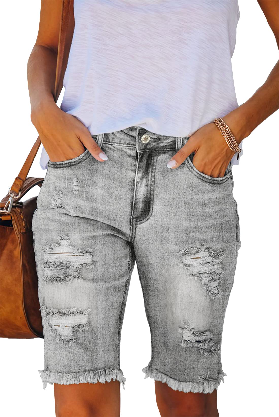 Alaster Queen Bermuda pour Femmes Bermuda en Denim à Taille Moyenne avec Revers de Manche