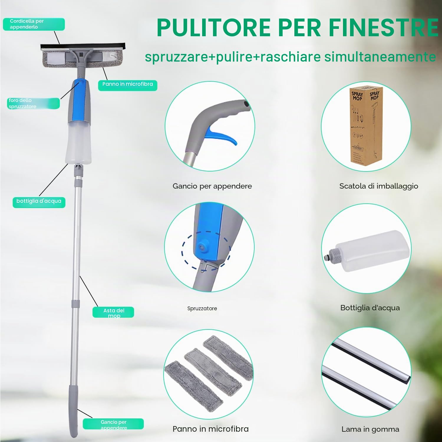 Lavavetri Telescopico 3 in 1, Professionale Lavavetri con Spray, Spazzola Lava Vetri con Manico 190cm per La Pulizia del Vetro Alte in Interni ed Esterni