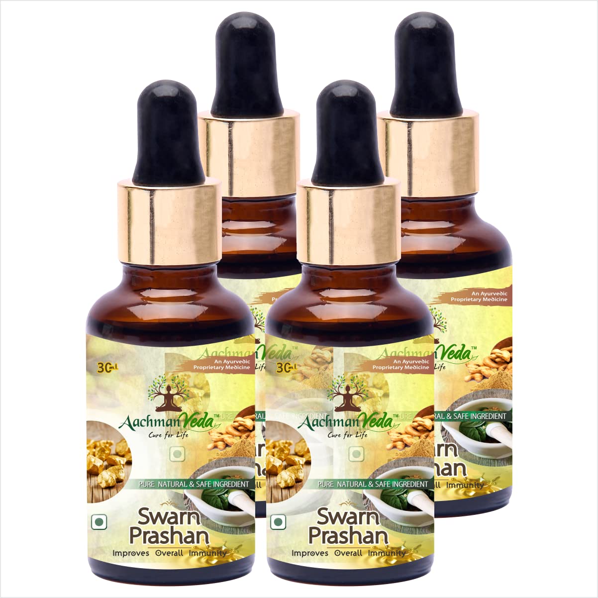 Aachman Veda Cure for Life ® Swarna prashan for kids - Enriched with 24CT Gold immunity booster drop 100% ayurvedic - Ayush Approved 15ml Age 0-15 years -pack of 3