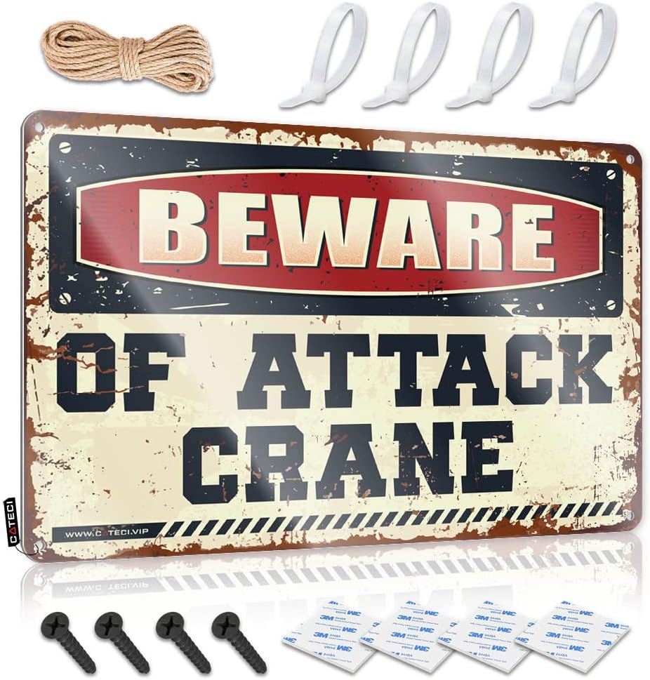 BLINOVUXA Gaming Metal Tin Decor Beware Of Attack Crane Tin Sign Bedroom Door Sign Bar Funny Signs
