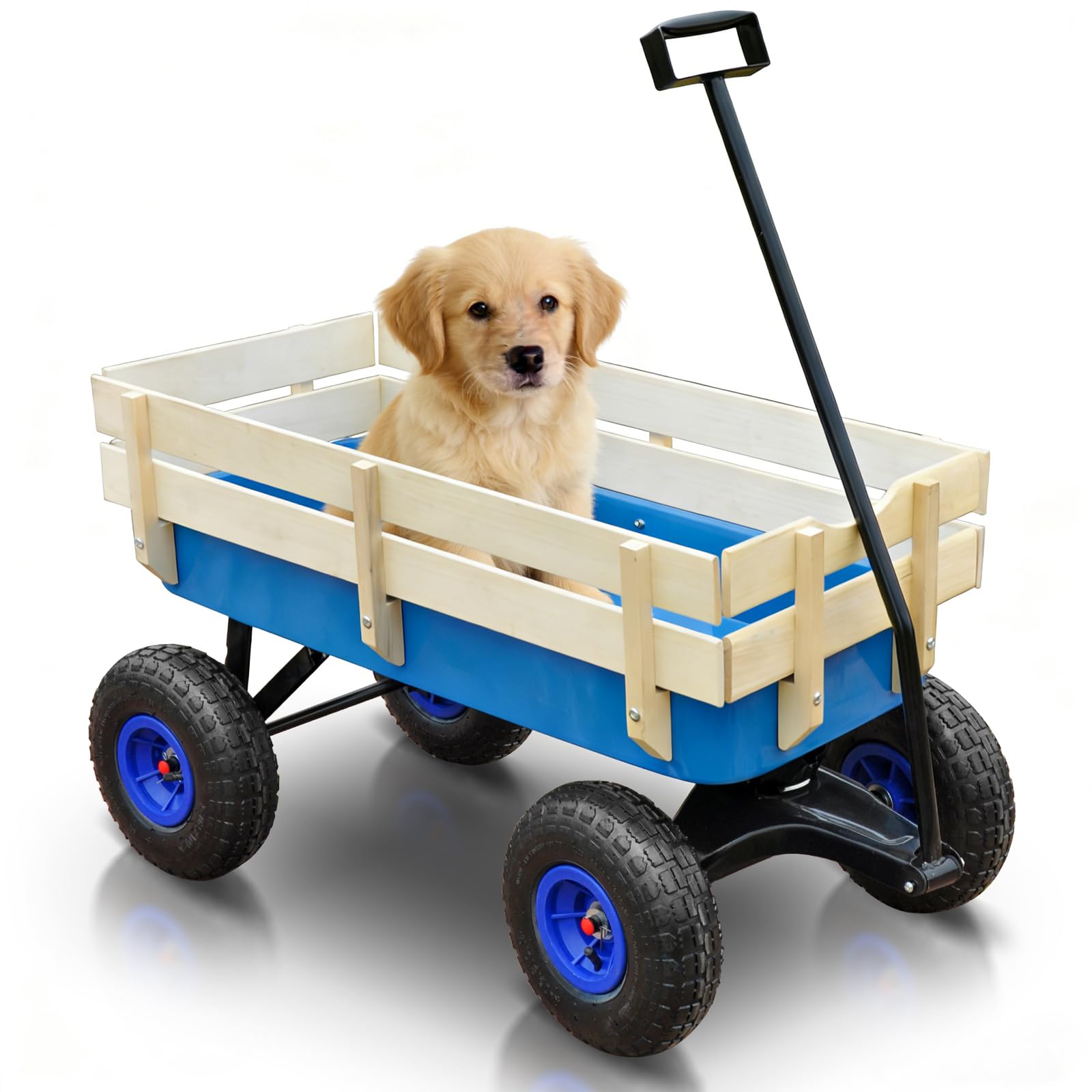 All-Terrain Wagon with Removable Wooden Side Panels - Garden & Pet Folding Wagon with Steel Bed & Pneumatic Tires - Blue