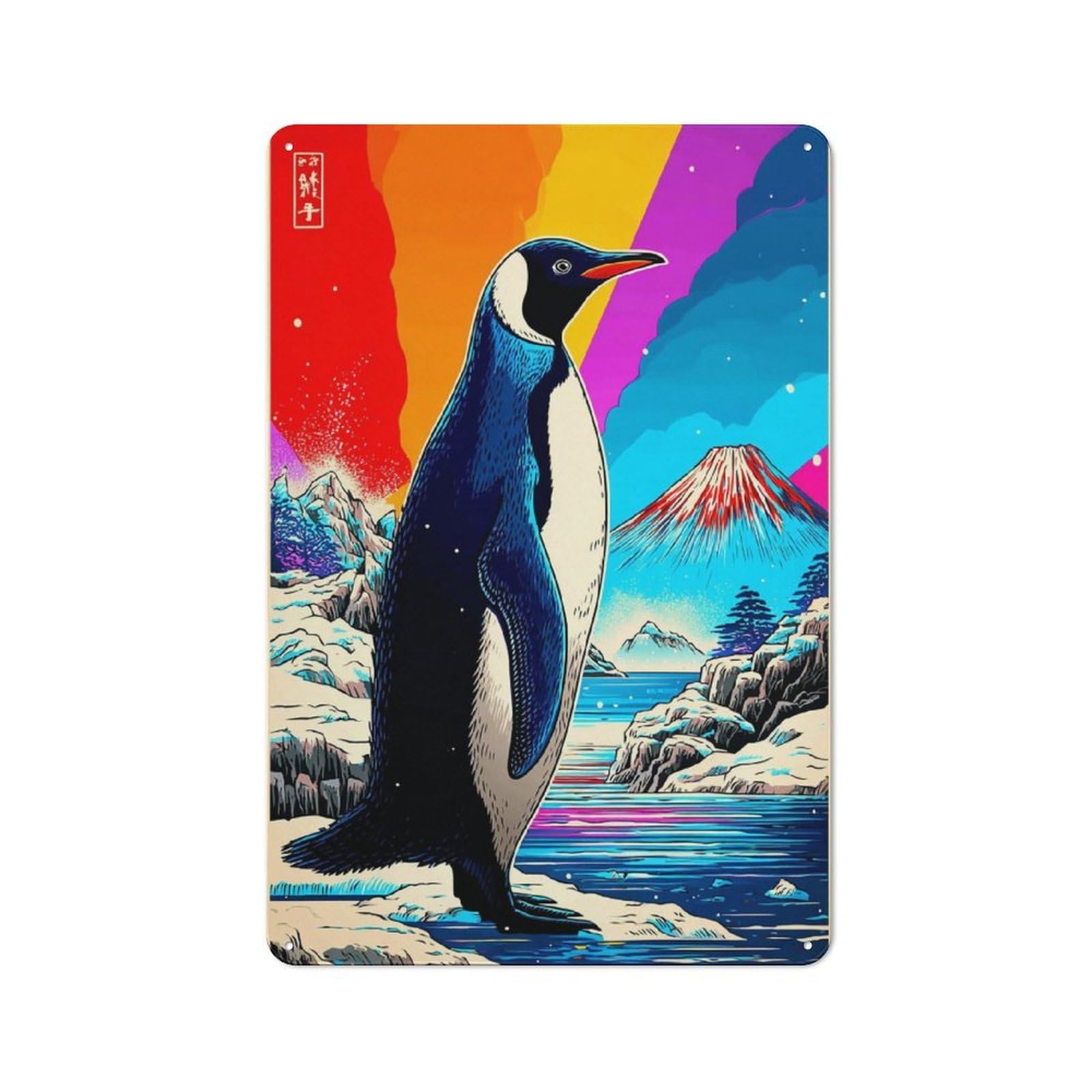 Junmoney Penguin In Japanese Landscape -1 Tin Sign With Design 30X20cm, Vintage Workshop Wall Decor For Tool Room, Garage, Studio Or Home Bar