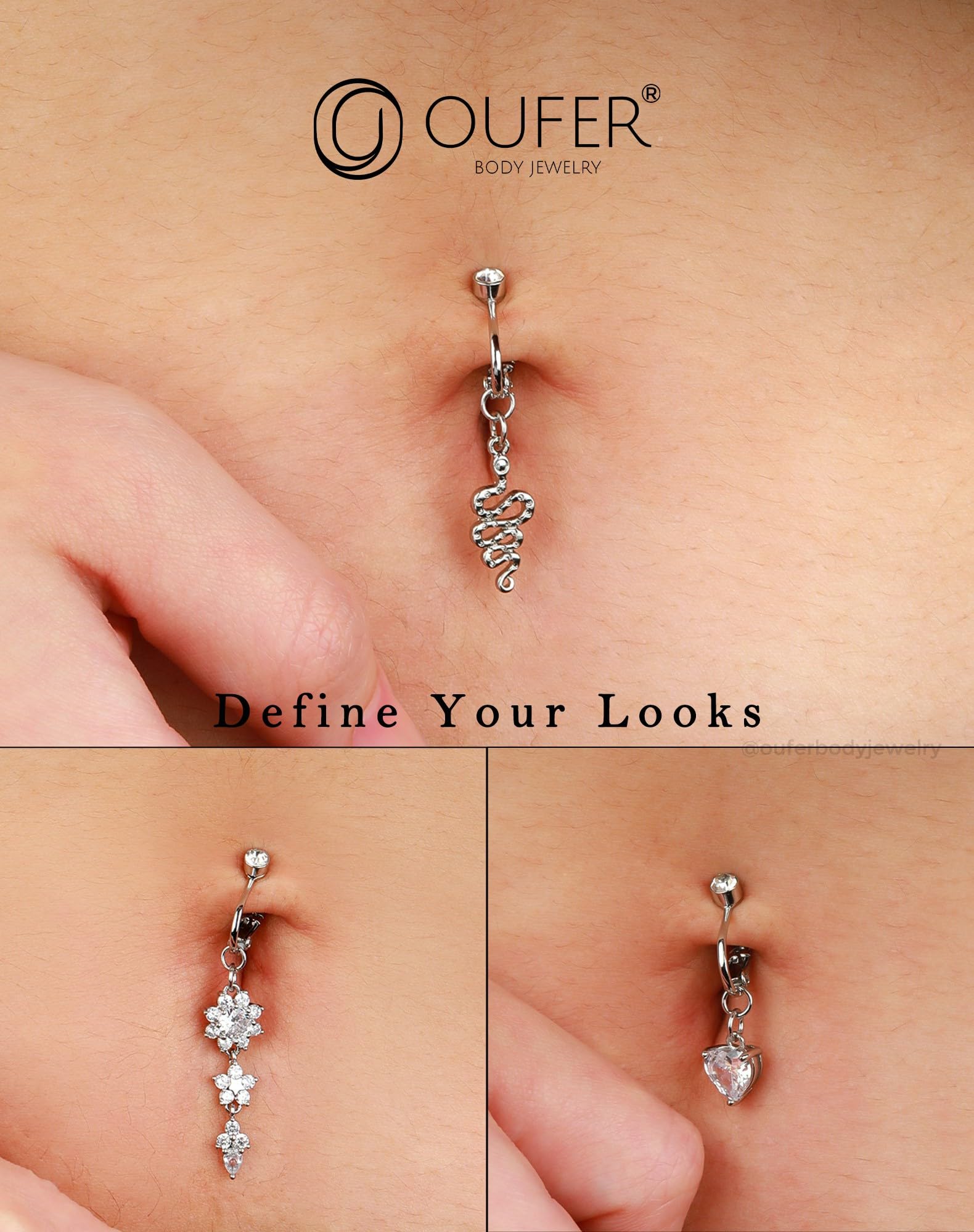 3PCS Fake Belly Button Piercing Jewelry, Non-Piercing Clip on Belly Button Rings, Surgical Steel Dangle Clear CZ Faux Navel Rings for Women Men