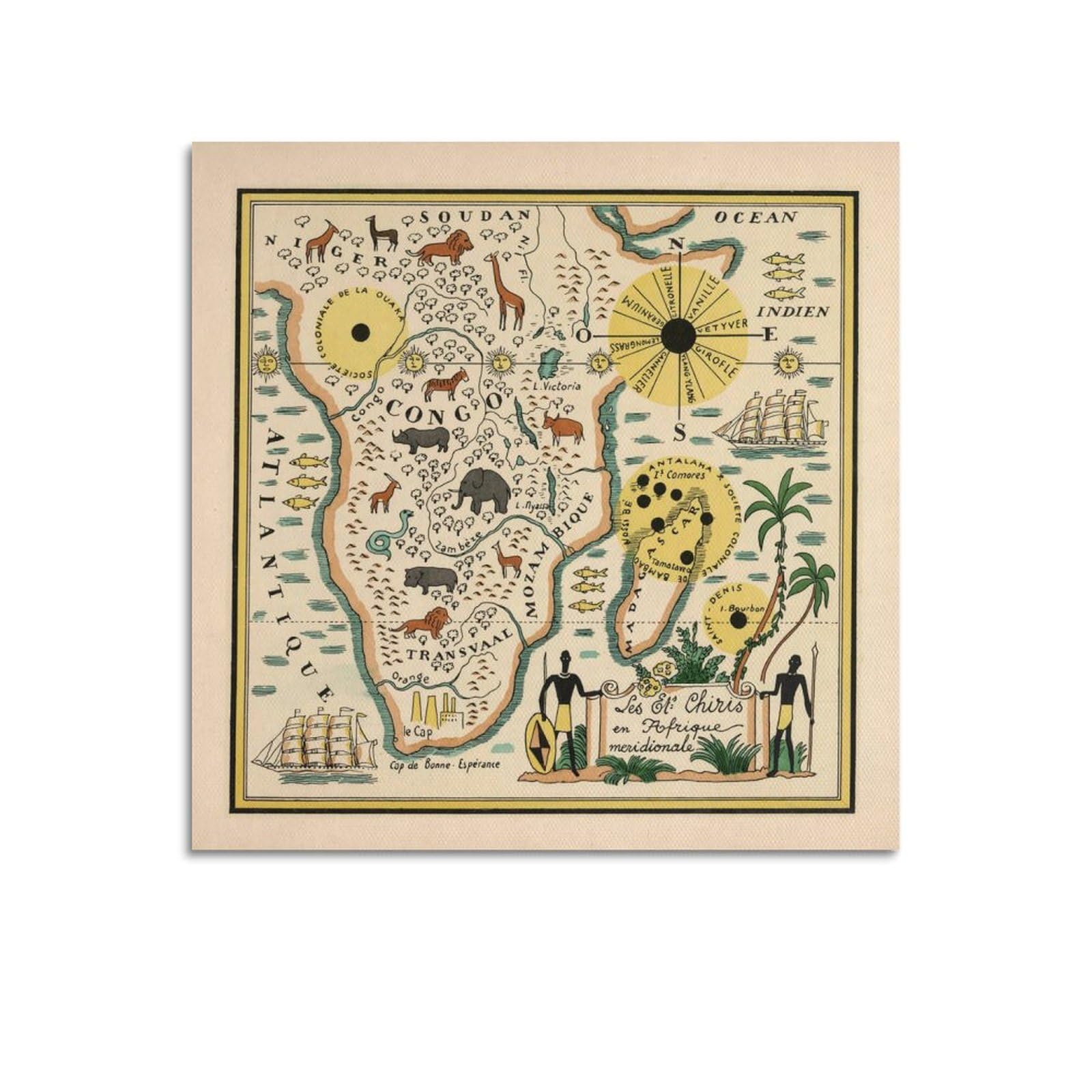 Gead Unframe-Style Retro South African Illustration Map Decorative Painting Canvas Art Picture 28X28inch(70X70cm)