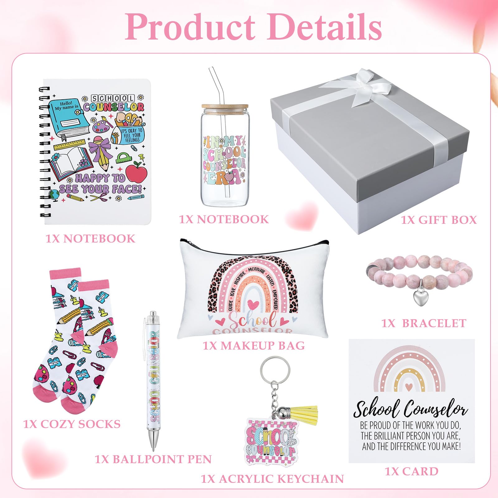 Remerry 10 Pcs School Counselor Appreciation Gifts End of School Year Teacher Gifts Set for Women Include Tote Bag Cosmetic Bag Glass Cup Card Bracelet Socks Notebook Pen for Educator