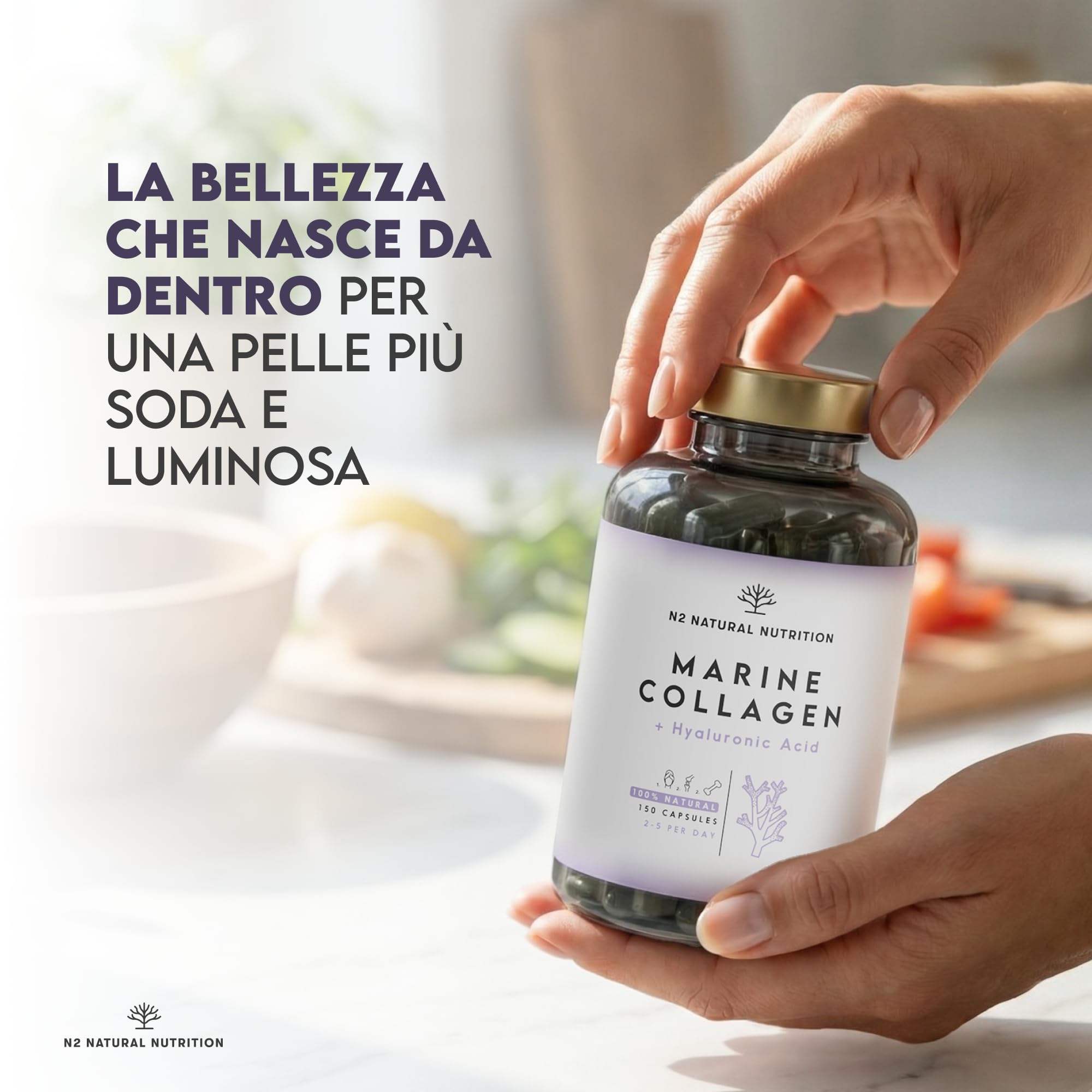 Collagene Marino Idrolizzato PEPTAN con Acido Ialuronico, Magnesio e Vitamina C, 150 Caps + Triple Magnesio 2640 mg, Magnesio Bisglicinato, Citrato e Malato, 440 mg, 180 Compr. N2 Natural Nutrition