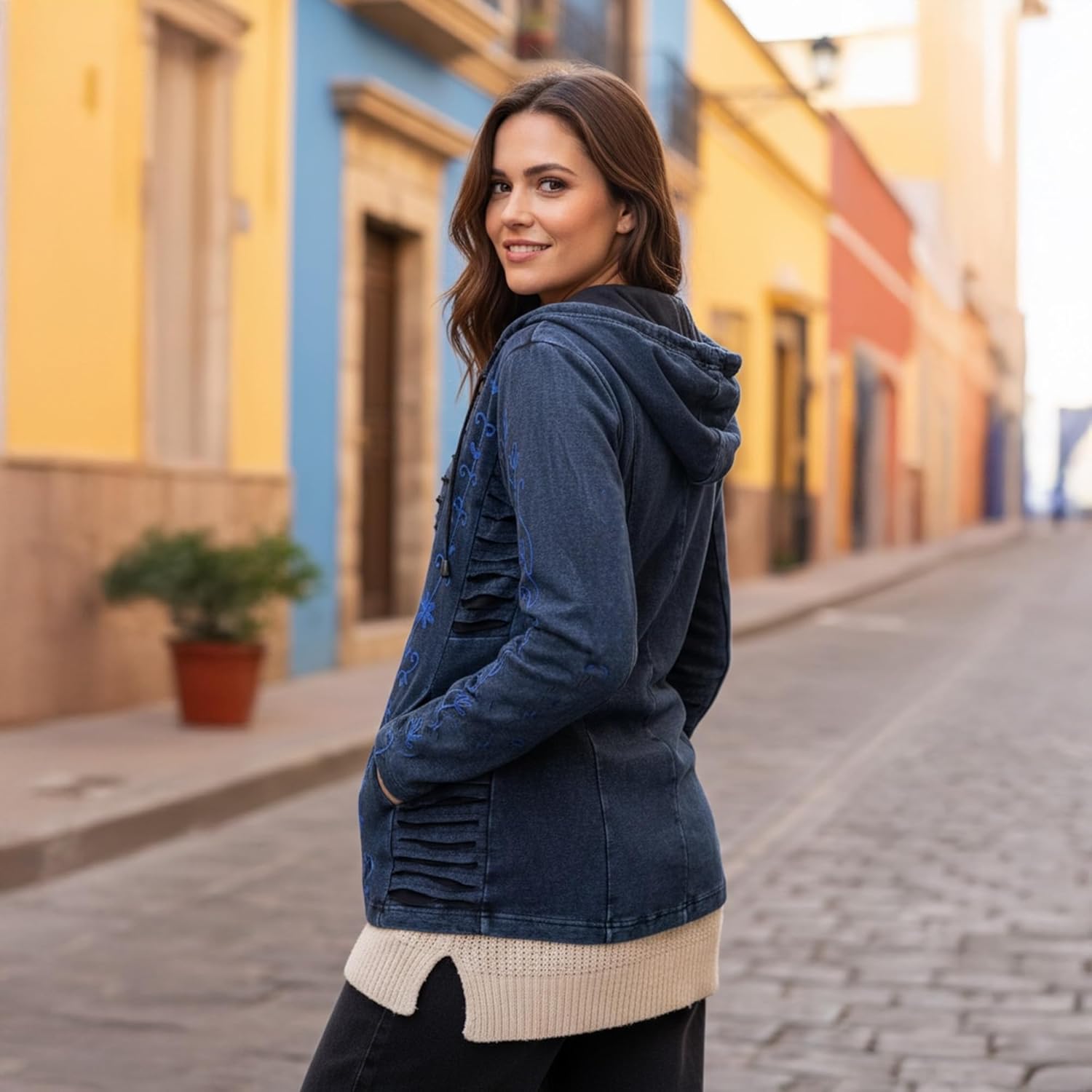 Agan Traders 2026 Zip Up Hoodies for Women - Bohemian Rib Knit Cotton Distressed Embroidered Sweatshirt Jackets for Women - Image 2